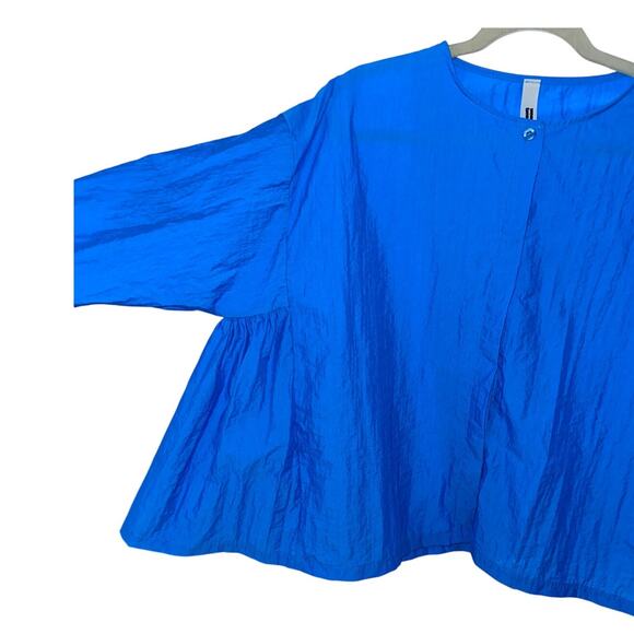 Wendy Trendy cobalt blue crepe quarter sleeve blouse crewneck top flowy comfy - Picture 3 of 6